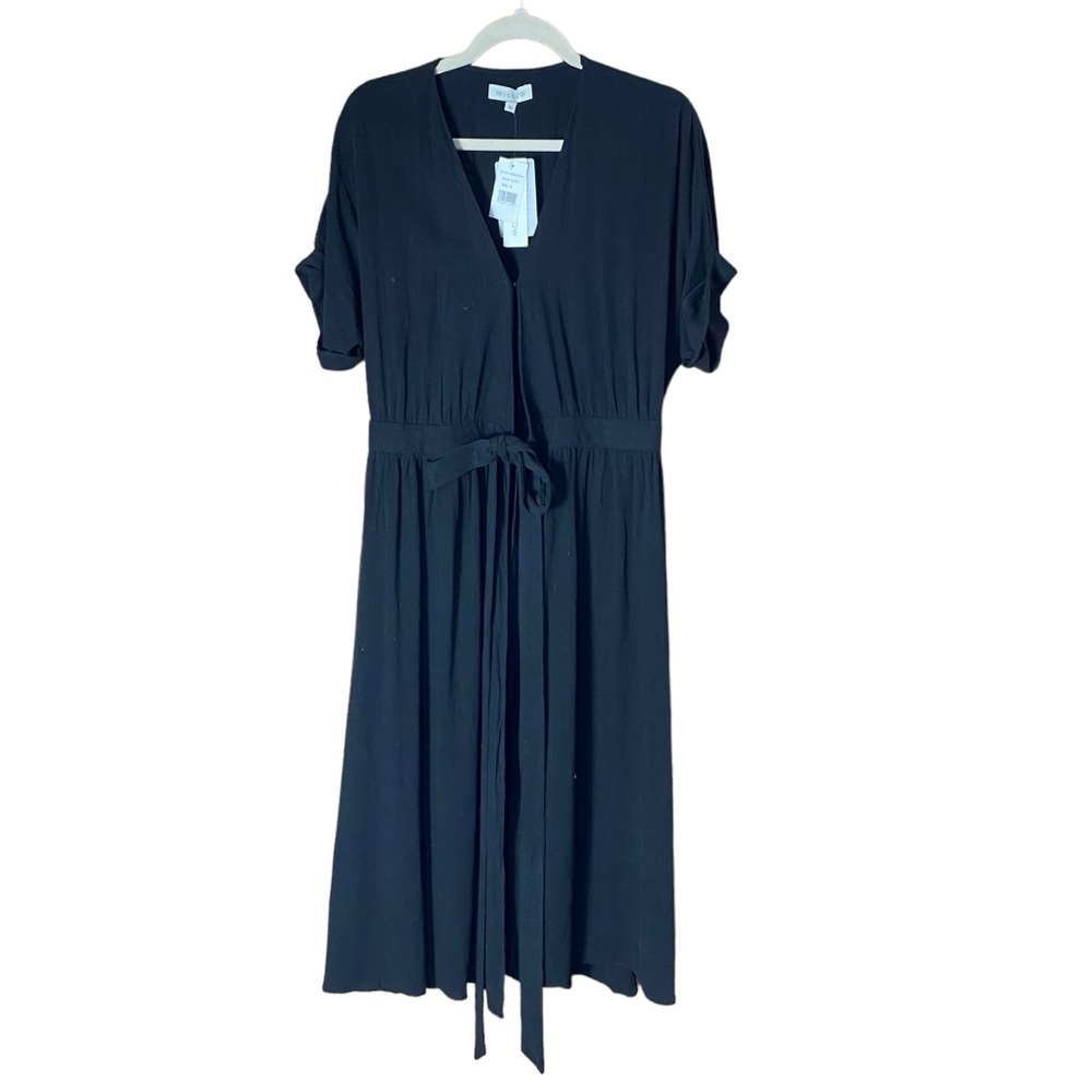 WILLOW Anthropologie Womens Wrap Dress Midi Black short Sleeve Size M Linen NEW - Picture 2 of 15
